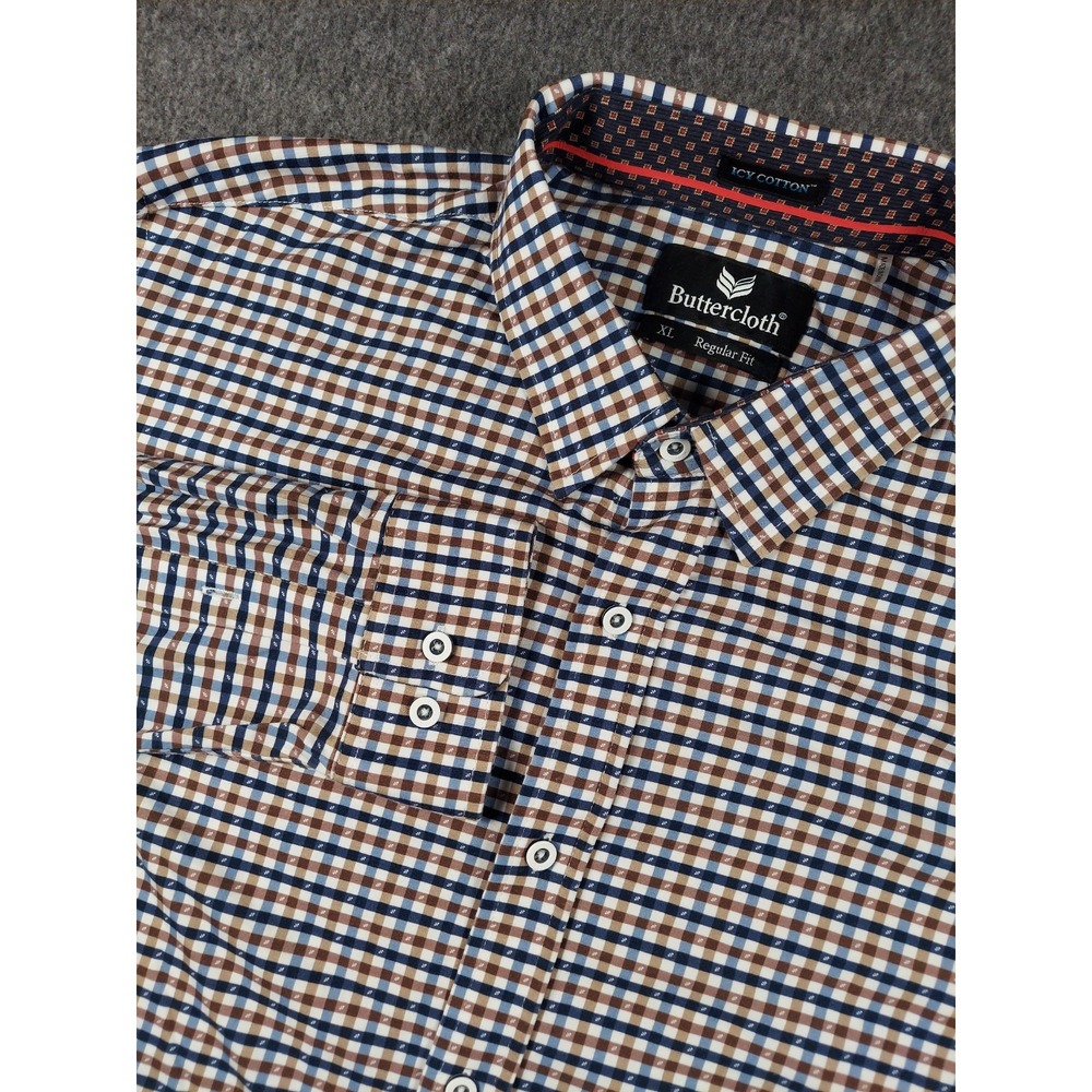 Buttercloth Icy Cotton Shirt Mens XL Brown Blue Check Long Sleeve Dress Shirt